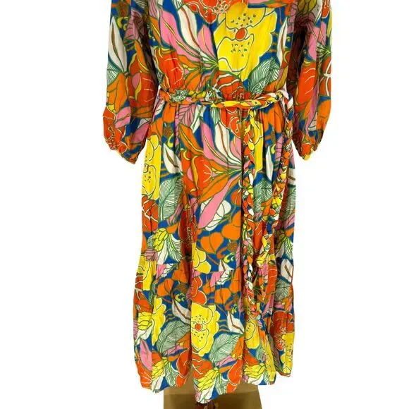 J. Crew Belted Dress Large Floral Tropical Ruffle Neck Midi Balloon Sleeve Retro - Picture 4 of 13